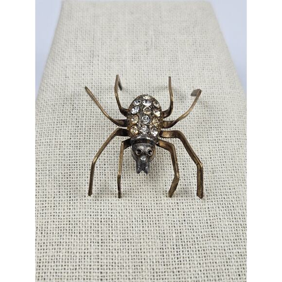 Vintage Spider Brooch‎ Pin Bronze Clear Rhinestones - Picture 2 of 5